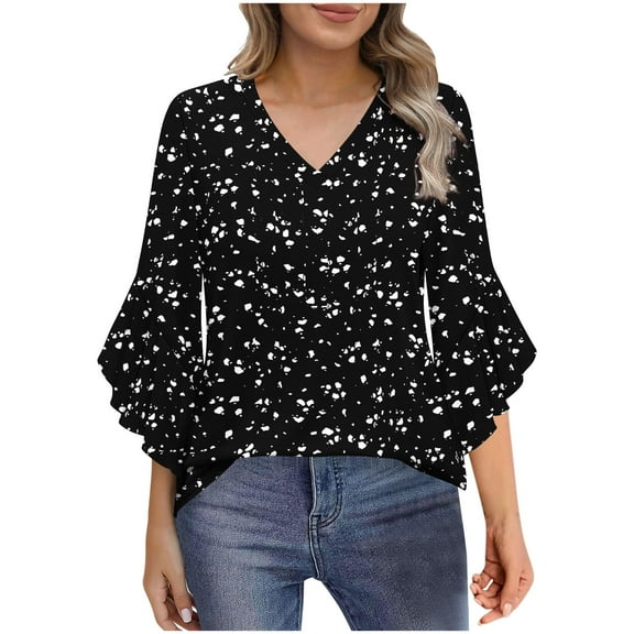Women's Dressy Chiffon Blouse: Boho Floral Print 3/4 Petal Sleeve V-Neck Top - Business Casual Ruffled Office Shirt Spring Fall Workwear