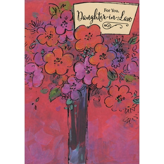 Designer Greetings Round Petaled Red and Purple Flowers in Tall Dark Vase Valentine's Day Card for Daughter-in-Law