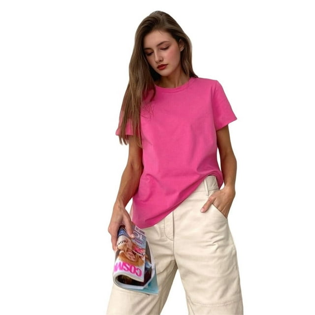 T-shirts à Manches Courtes Surdimensionnés pour Femmes, Col Rond, Coupe Ample, T-Shirt d'Entraînement, Hauts Décontractés d'Été, Coton, Rose Rouge, G