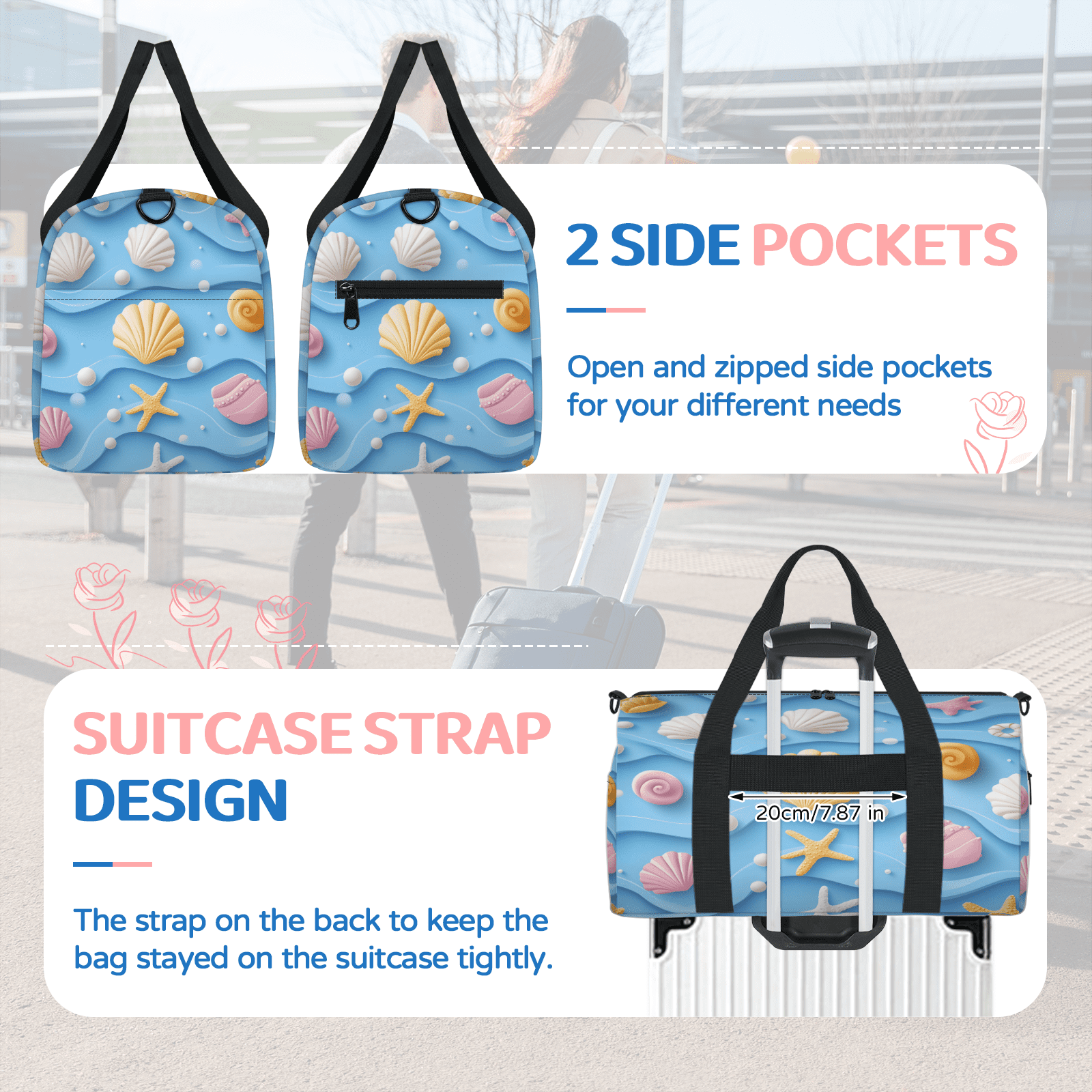 Herdesigns Seashell Starfish Gym Bag for Women, Duffle Bag for Travel Sport, Nautical Coastal Lightweight Waterproof Carry on Weekender Dance Yoga Workout Bags