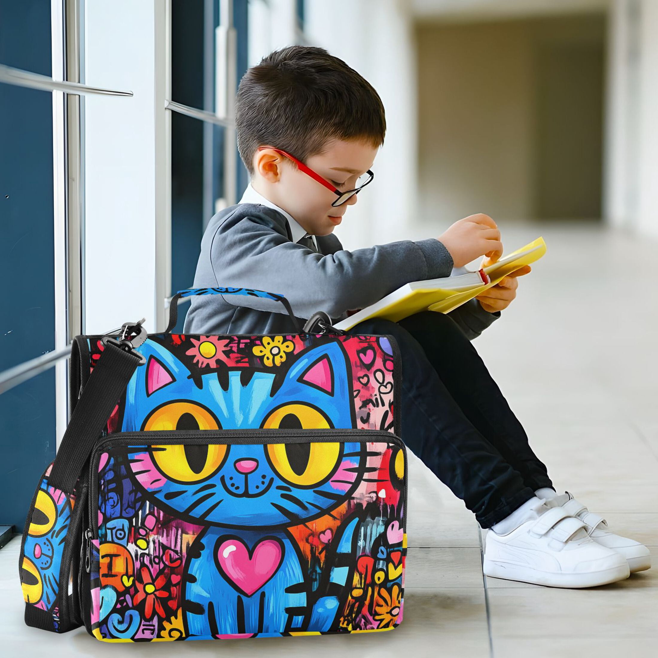 3 Ring Zipper Binder with Shoulder Strap Waterproof Trapper Keeper 2 Inch D-Ring 500 Sheets Capacity Cartoon Graffiti Cat