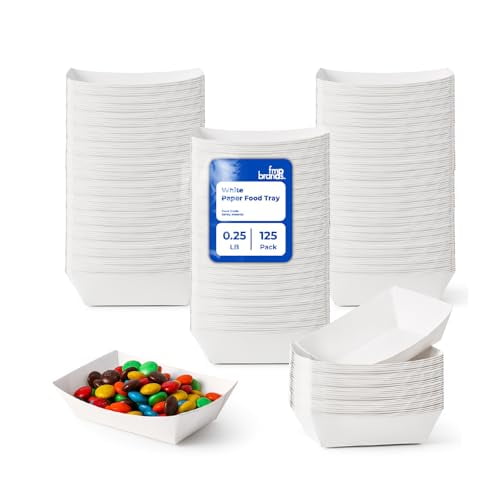Fit Meal Prep [125 Pack 2 lb Paper Food Trays Heavy Duty Disposable Food Boats, White Nacho Tray for Parties Fairs Picnics Carnivals, Holds Sause Candies Nut Grease Resistant