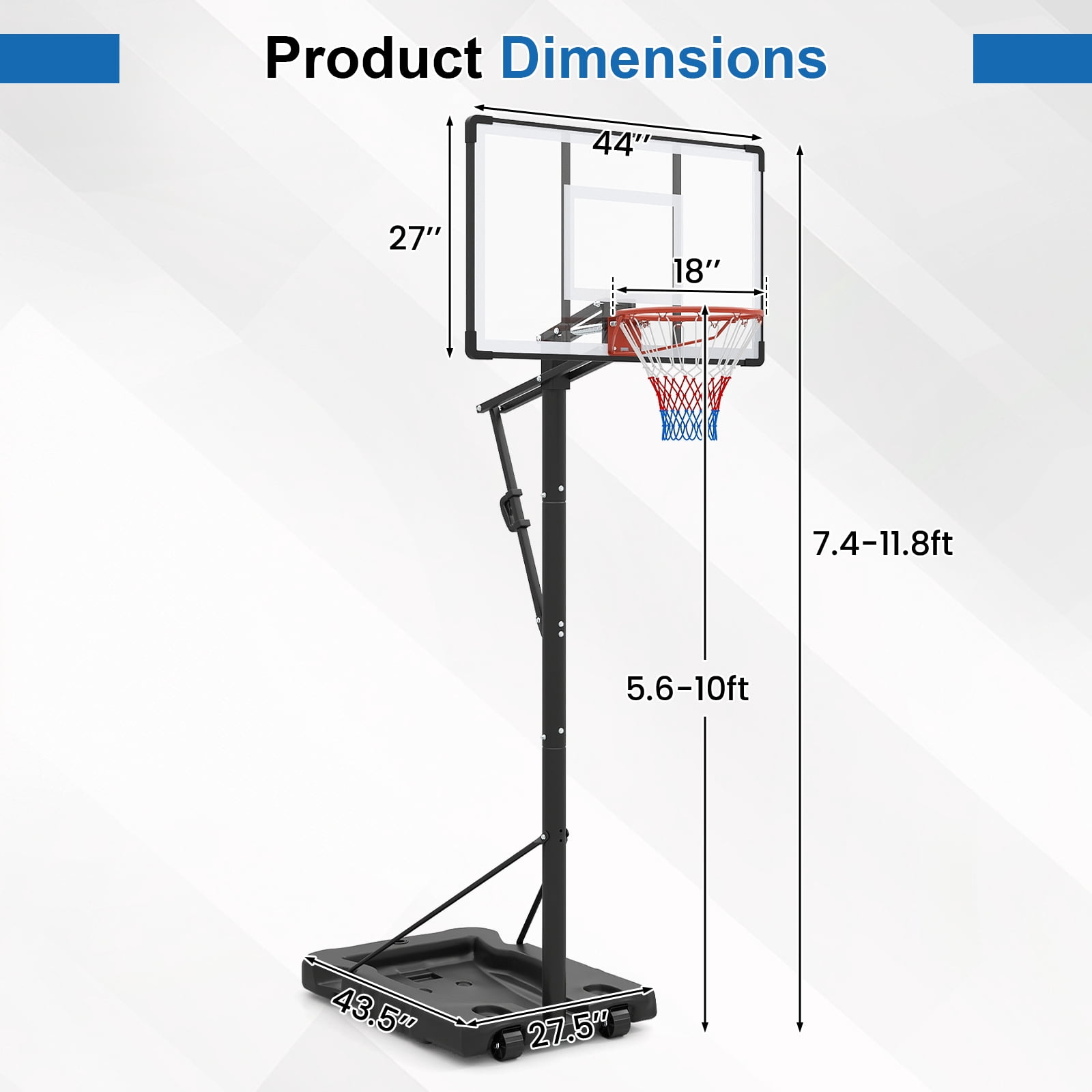 Gymax 10 FT Portable Basketball Hoop w/ Shock Absorbent Rim Fillable Base for Adults
