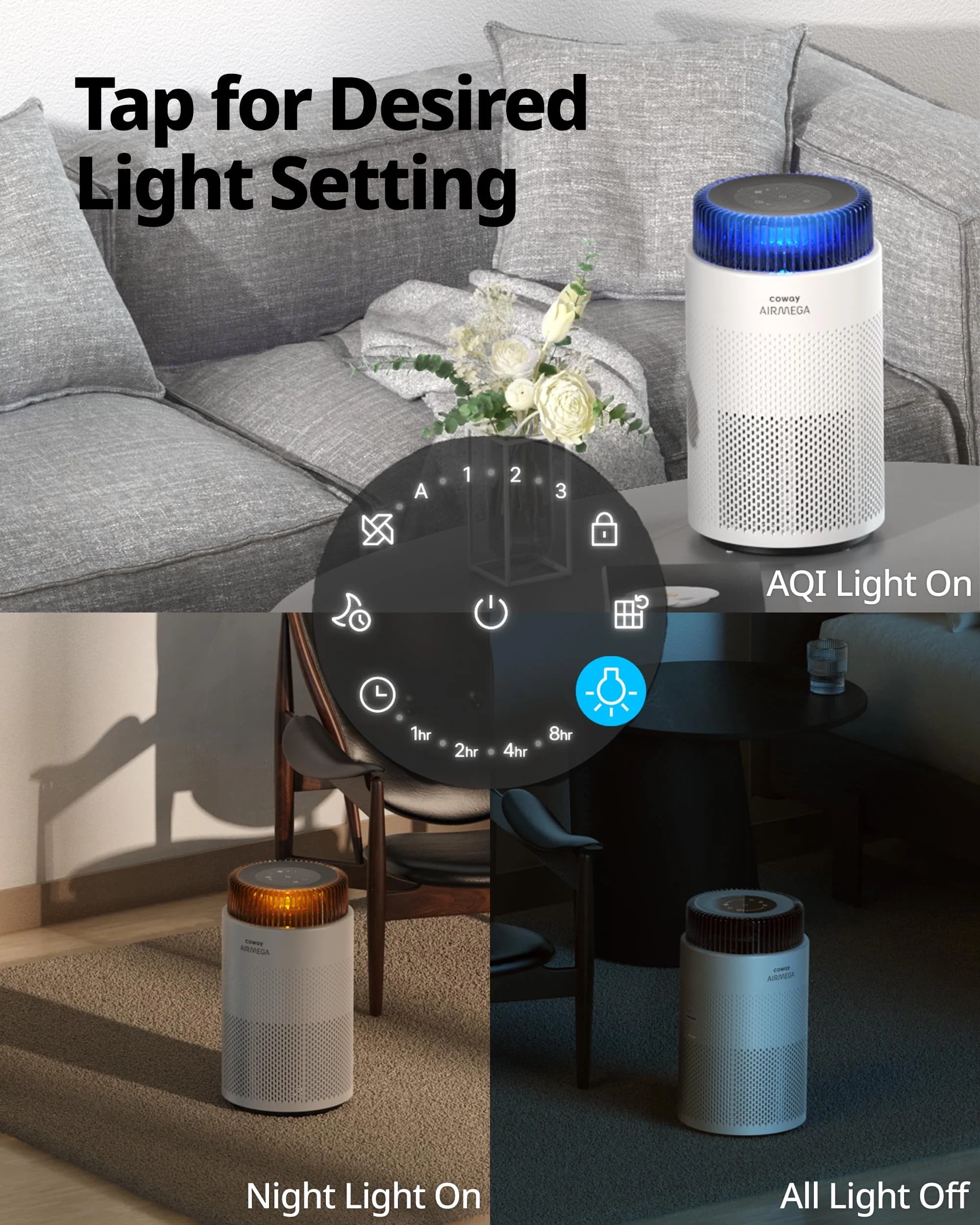 COWAY Air Purifier for Bedroom Home up to 810 ft², True HEPA Filter for Smoke, Allergies, Pet Dander, Odor, AQI Monitor, Auto&Sleep Mode, Timer, Filter Indicator, Night Light, 3yr Warranty, 100 White