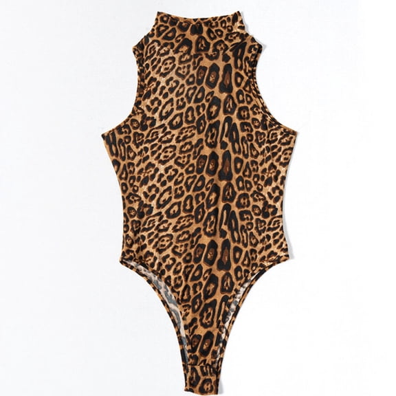 LMLYSoH Women’s Summer Vest Style Bodysuit Fashion Leopard Round Neck High Waist Tight-fitting Jumpsuit