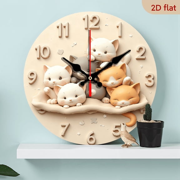 2D Flat 1pc 10Inch Wooden Silent Cat Wall Clock - 10Inch Round, No-Ticking Mechanism, Battery Operated (AA Not Included) - Adorable Kitten Design with Floral Accents, Perfect for Home, Office