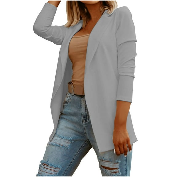 Blazer Coat for Women Open Front Long Sleeve Blouse Notch Lapel Blazer Jacket Fall Winter Office Suit Gray L