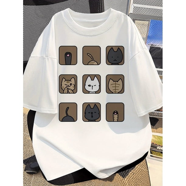 Camiseta de manga corta 100 % algodón para hombre con estampado divertido de gato pixelado. Camiseta informal de verano con cuello redondo. Lavable a máquina. Ajuste regular para ropa informal, ropa d