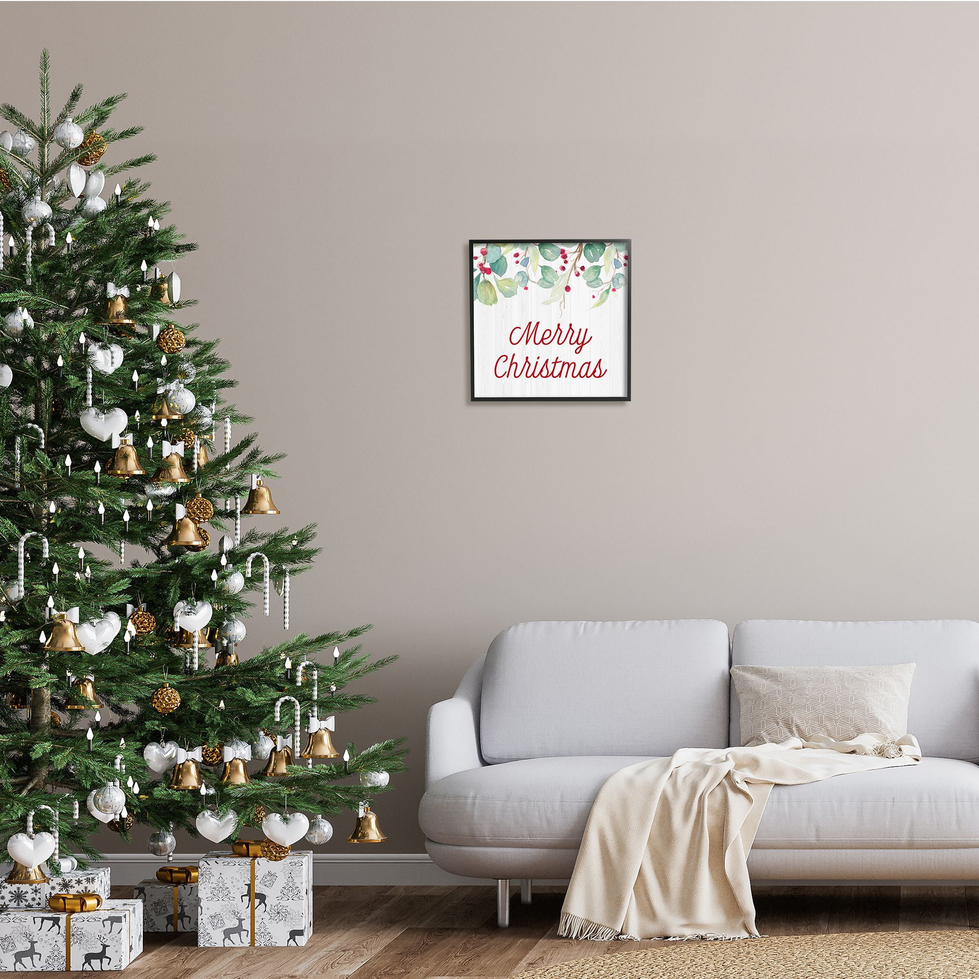 Stupell Indtries Merry Christmas Sentiment Festive Falling Red Holly Vines,17 x 30,Design by Patricia Pinto