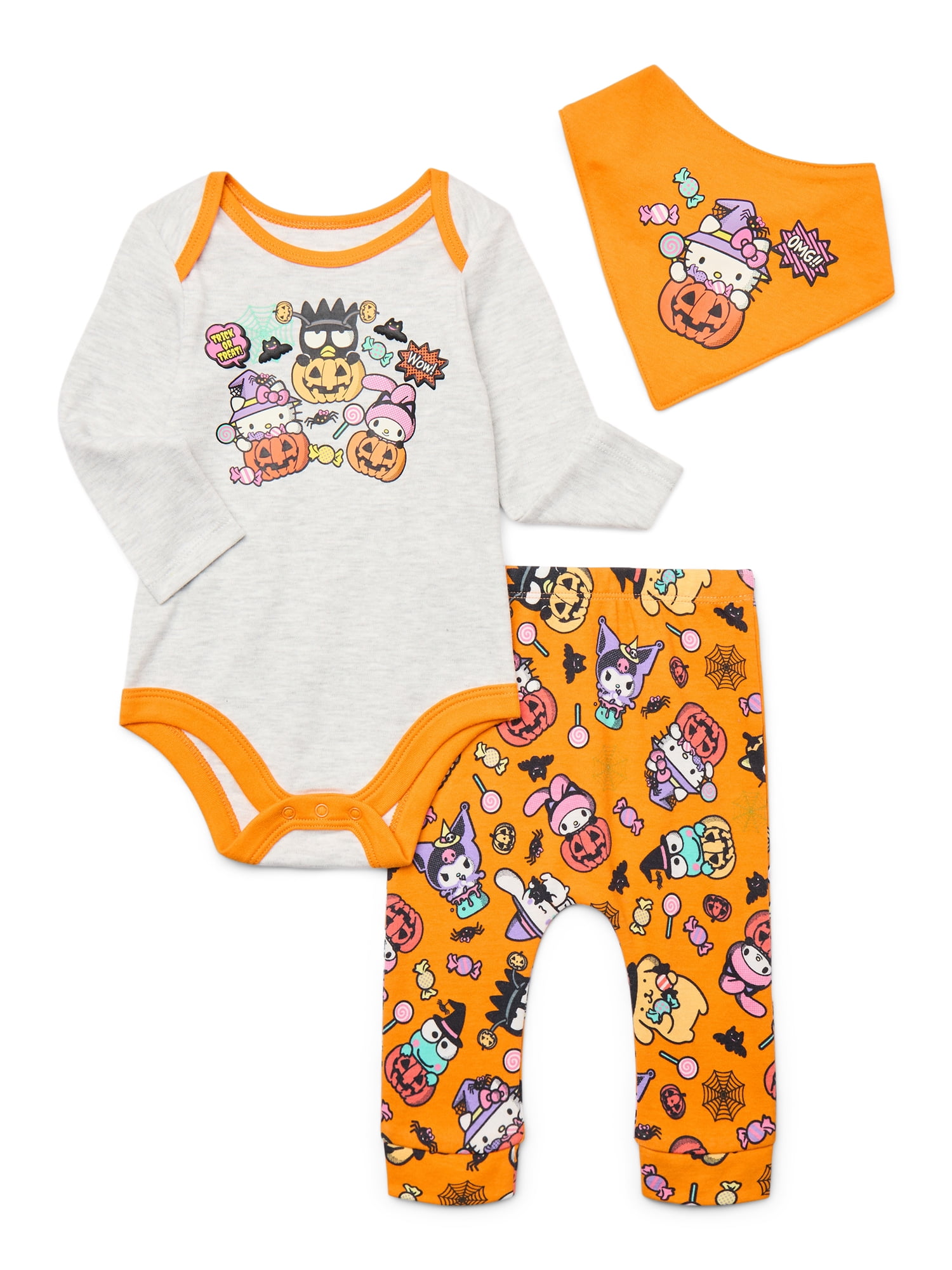 Halloween Hello Kitty and Friends Baby Girls Bodysuit and Pants with Bib Outfit Set, 3-Piece, Sizes 0M-12M