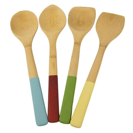 Bamboo Kitchen Tools with Color Handles, Set of 4, Light, Cut from solid bamboo By