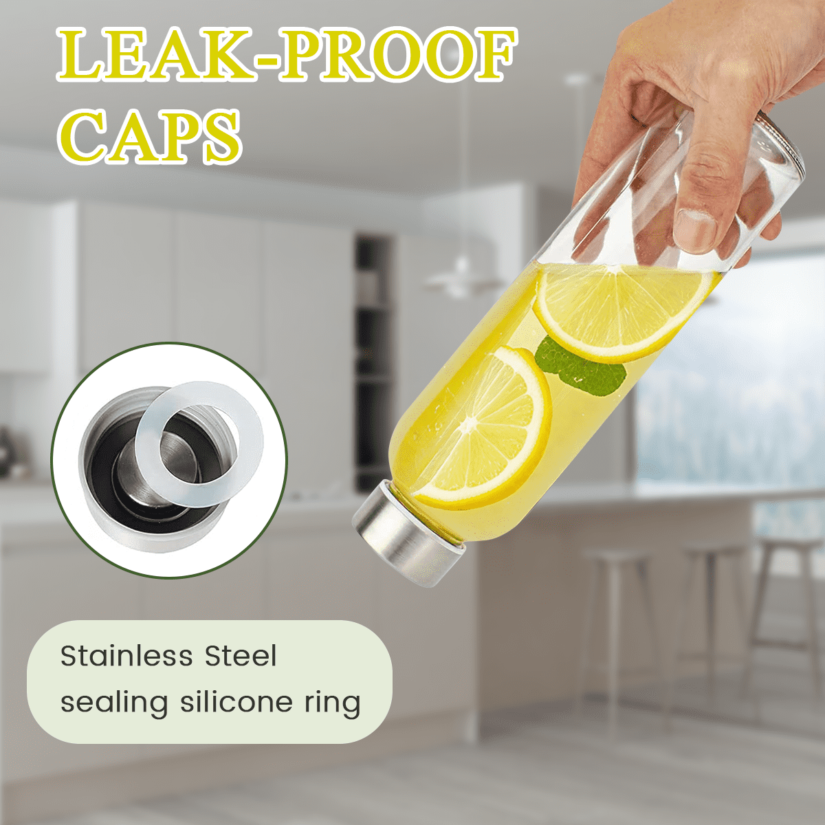 GPED 18 oz Clear Glass Bottles with Lids, Reusable Glass Water Bottles Set of 8 with Stainless Steel Cap for Juicing, Refrigerator,100% Leak Proof, ECO Friendly, Bpa Free, Dishwasher Safe