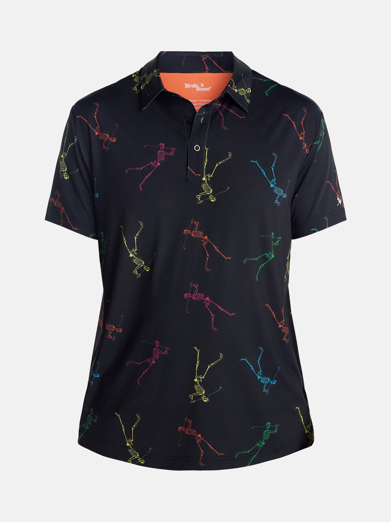 Birdie Bound Halloween Spooky Skeleton Print Golf Polo Shirt, Men's Sizes S-4XLT