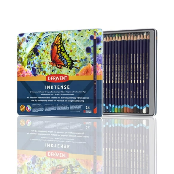 Derwent Inktense Pencils Tin, Set of 24, Great for Holiday Gifts, 4mm Round Core, Firm Texture, Watersoluble, Ideal for Watercolour, Drawing, colouring and Painting on Paper and Fabri