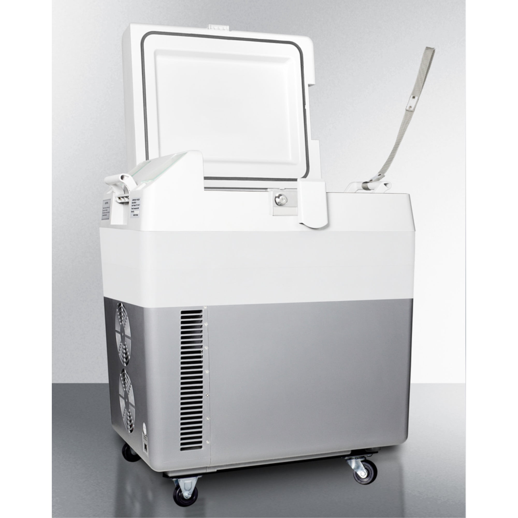 Portable 12V/24V medical cooler capable of operating at -12C or standard refrigerator temperatures, with lock and factory-installed wheels