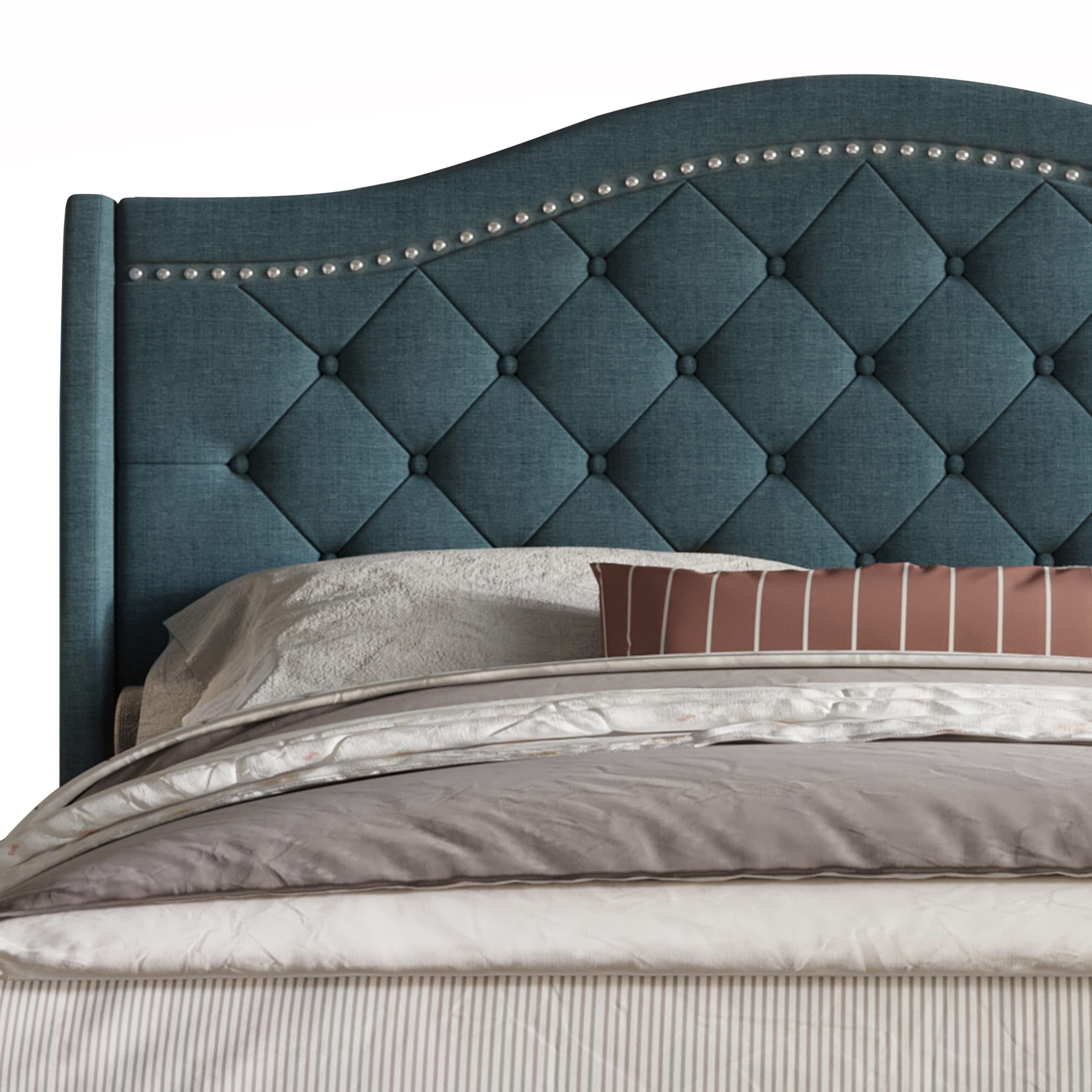 Home Design Eleanor King Upholstered Platform Bed Frame with Nailhead Trim, Button Tufted Camelback Wingback Headboard, Denim Blue – Easy Assembly
