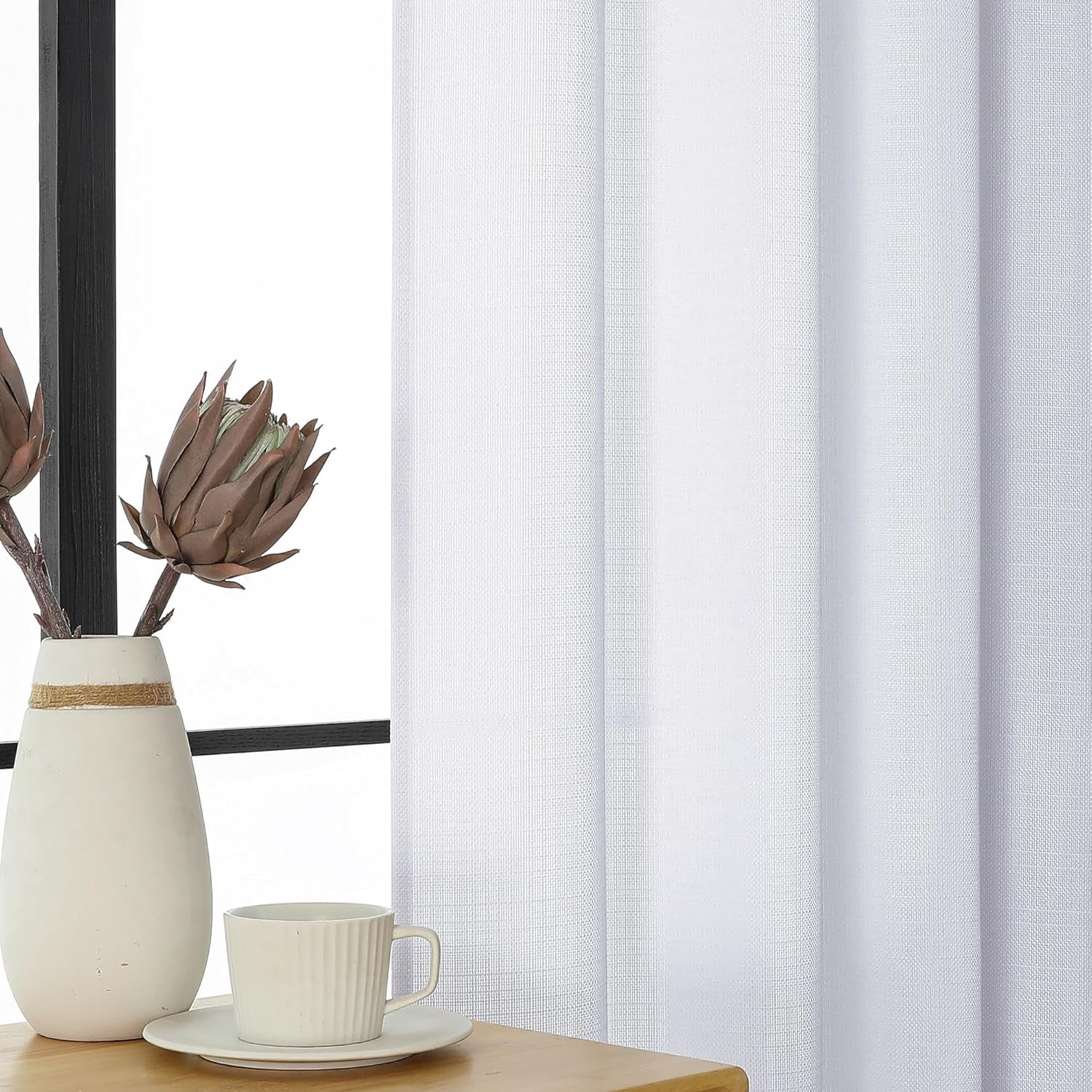 White Kitchen Curtains Tier 2 Panels, Faux Linen Textured Light Filtering Short Curtains Drapes for Bathroom Basement Half Window, Rod Pocket Design, White