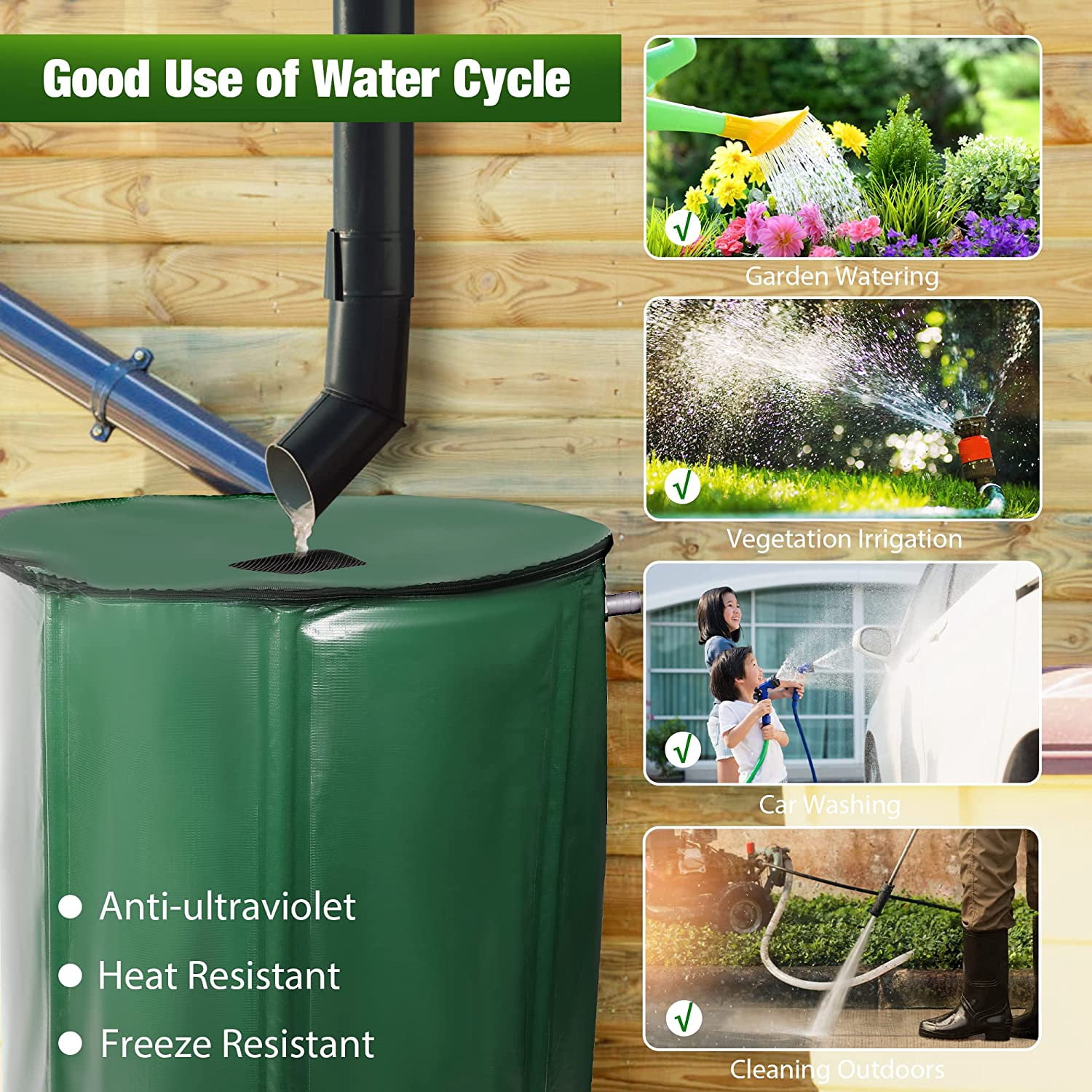 100 Gallon Portable Rain Barrel Water Tank, Collapsible Rainwater Collection System, Water Storage Tank, Garden Water Catcher with Faucet & Overflow, Green