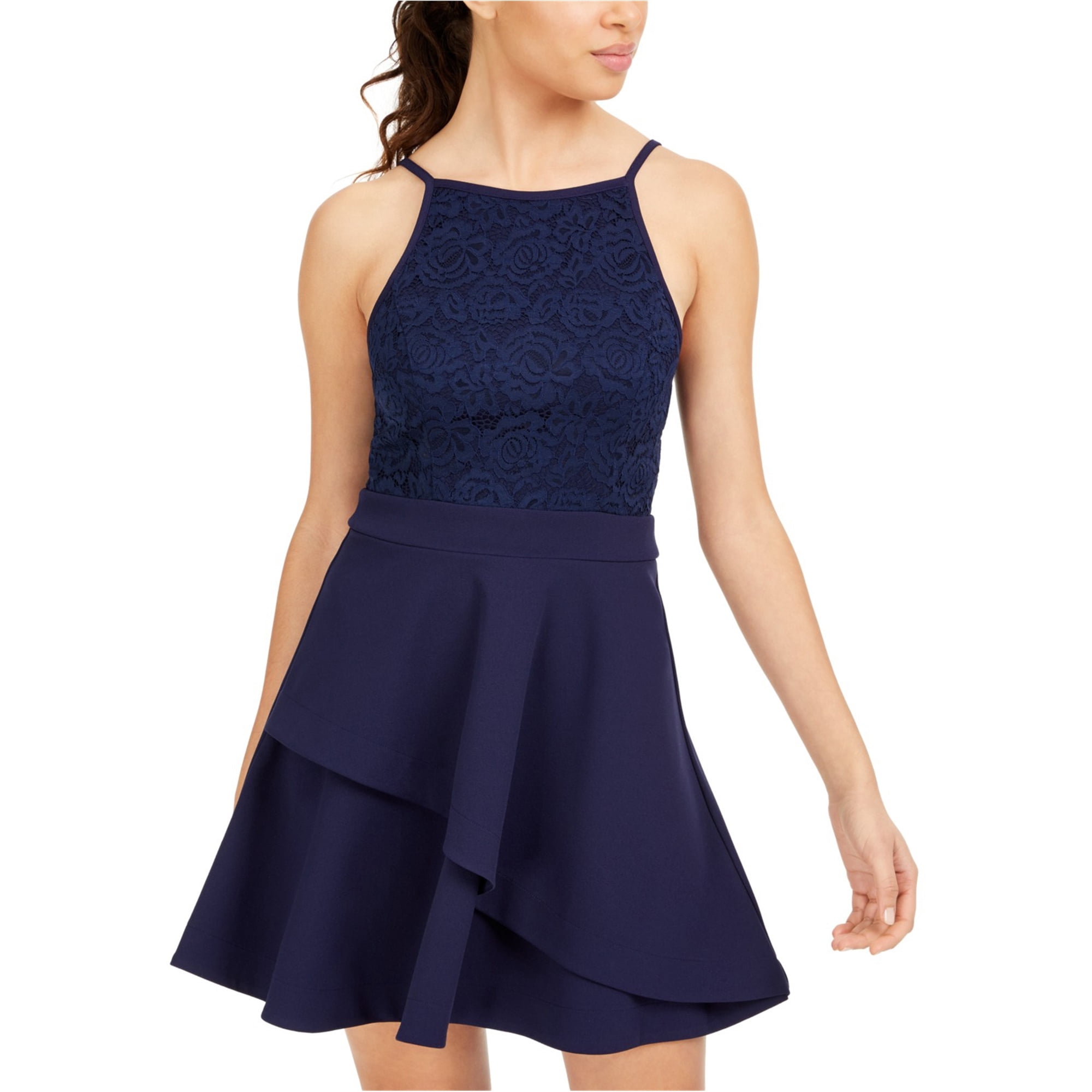 slim fit dress slacks Speechless Womens Light Blue Pocketed Zippered Cut Out Lace Back Pleated Spaghetti Strap V Neck Short Party Fit + Flare Dress 15 main image 0
