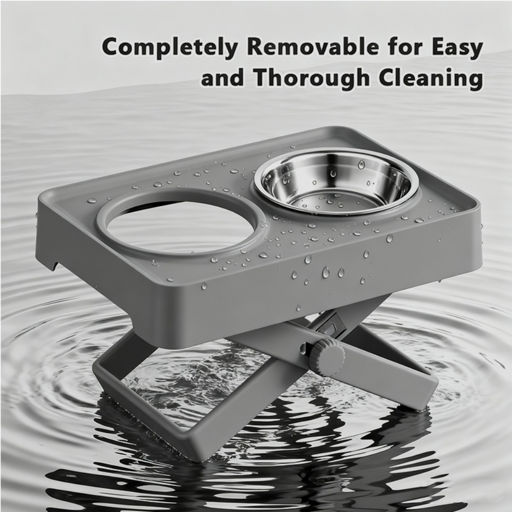 Adjustable Elevated Dog Feeding Station (7-25cm Height), Food-Grade Stainless Steel Bowls, Tip/Spill-Proof, Black/Gray, 1 Set