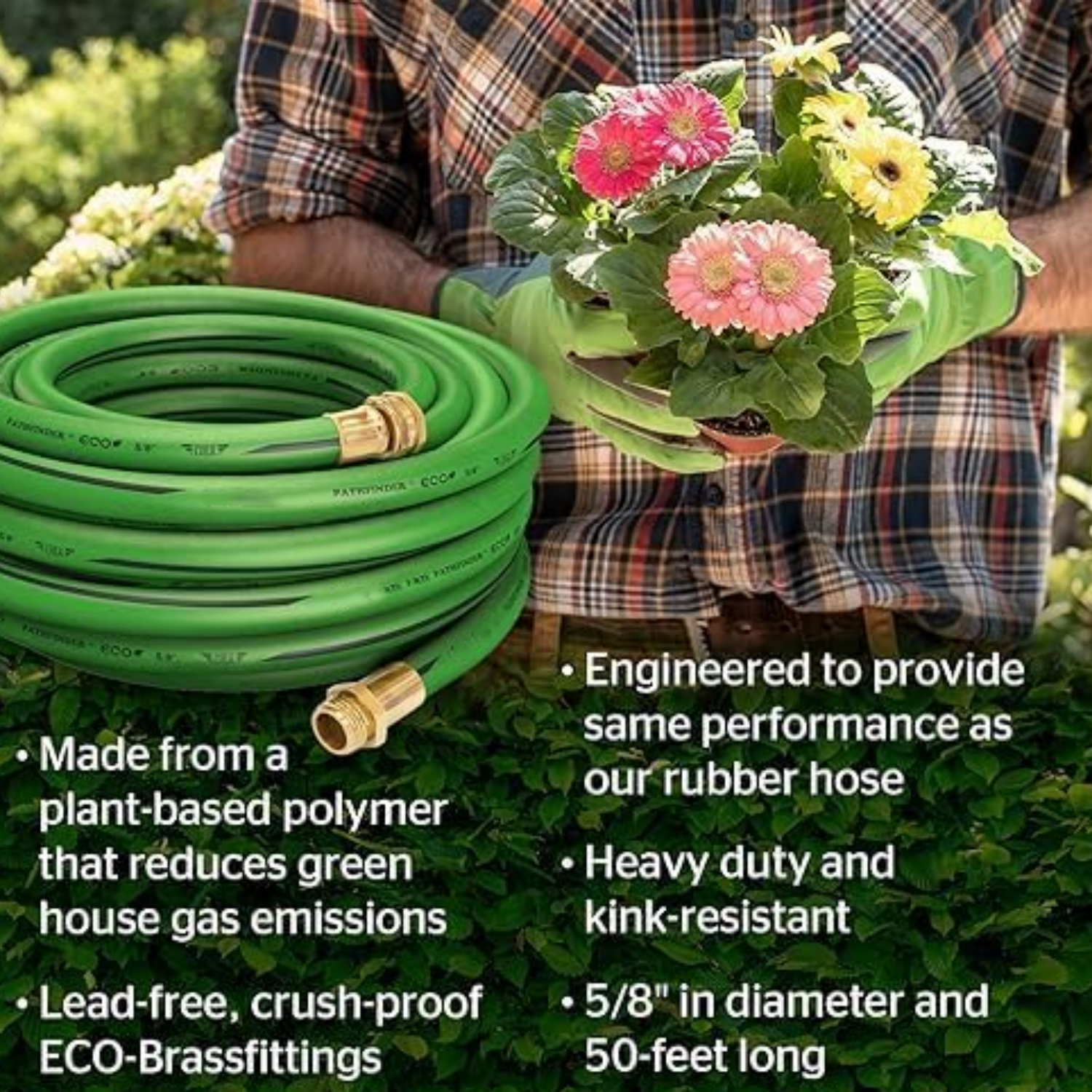 Green Garden Hose 5/8in Inside Diameter x 50ft Length Male x Female Garden Hose Thread  Brass Fittings
