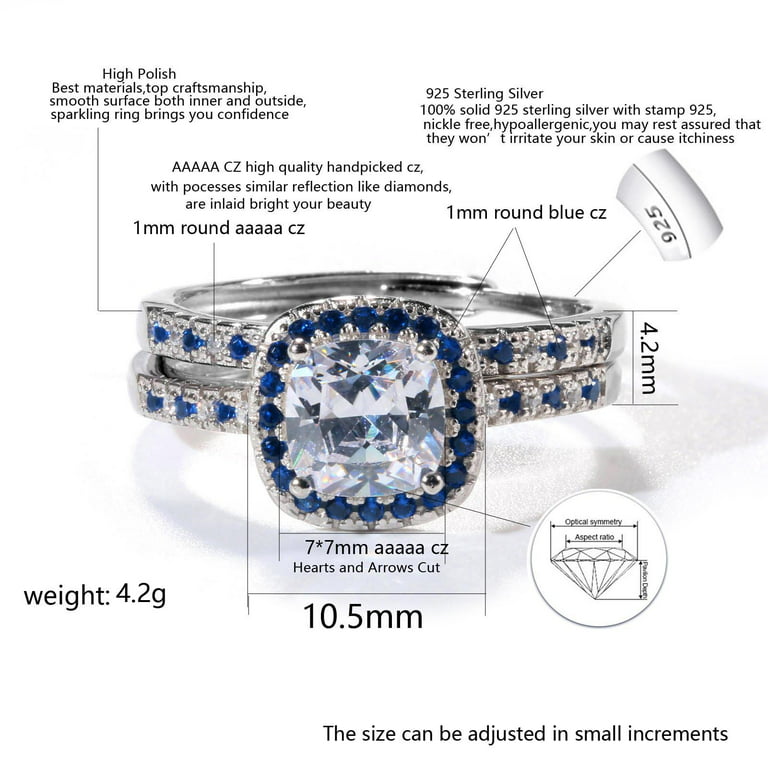 Adjustable Size 1.5ct CZ 925 Sterling Silver Wedding Ring Set for Women  Female Ring 