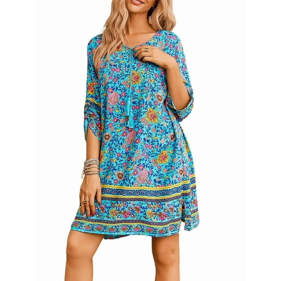 Women Casual Beach Summer Dress Boho Tassel Tie Neck 3/4 Long Sleeve Short Floral Print Flowy Cover Up Sundresses Blue S