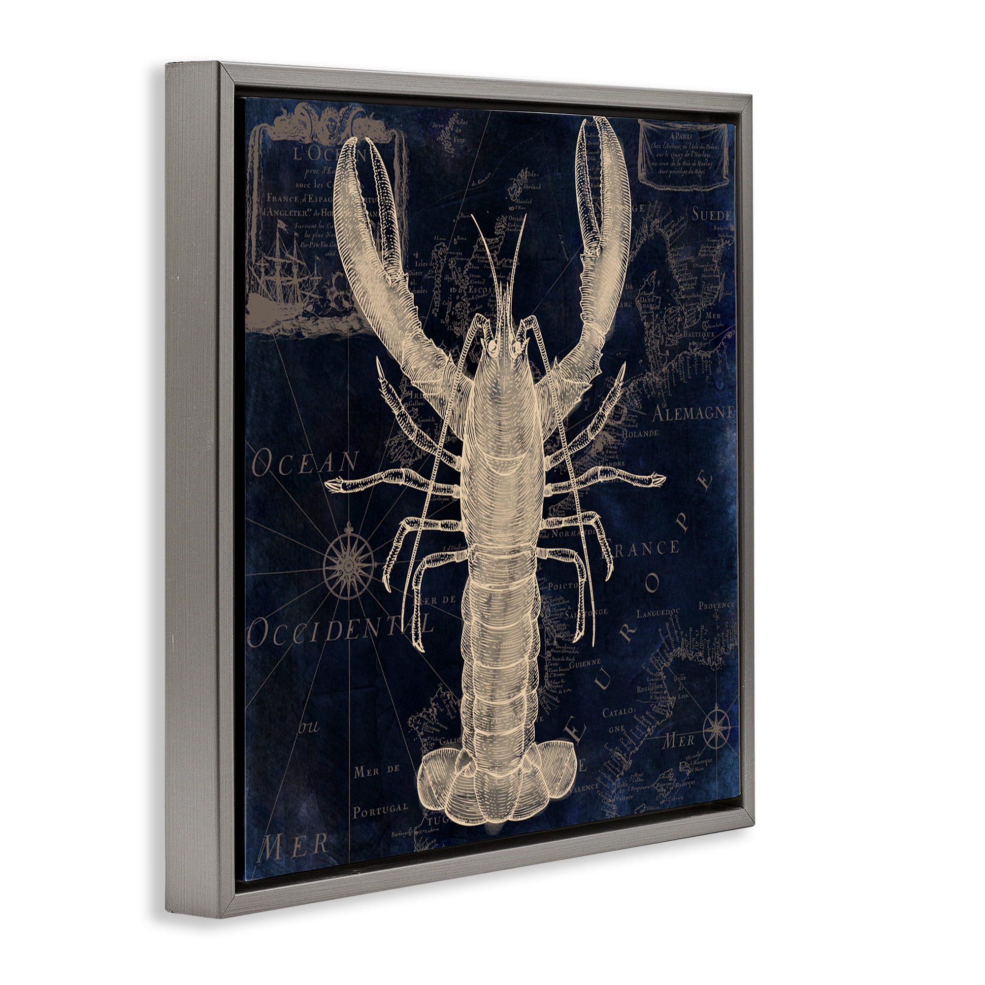 Lobster Contour over Map Gray Framed Floater Canvas Wall Art, design by Sasha