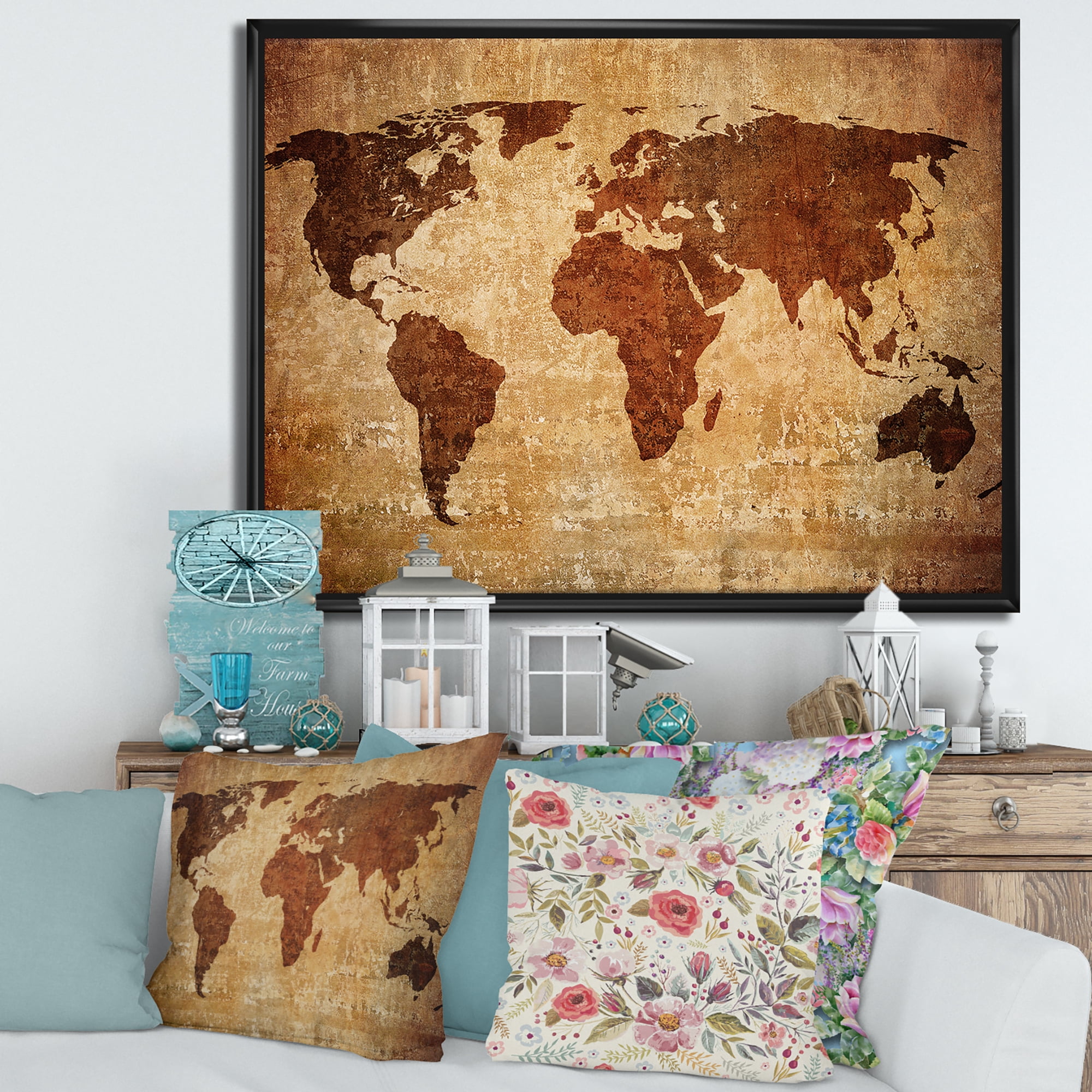 Designart 'Ancient World Map XI' Vintage Framed Canvas Wall Art Print