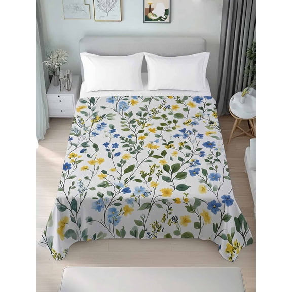 Elegant Blue Yellow Spring Floral King Size Flat Sheet, Wrinkleproof & Fadeproof Cooling Flat Bed Sheet Only, Summer Botanical Green Breathable Soft Bedding Top Sheets 105 x 98 Inches
