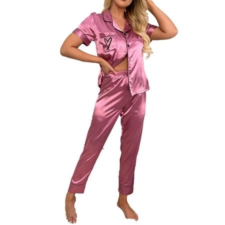 

Womens Pajama Sets Contrast Binding Lapel Sleepwear Red Violet L