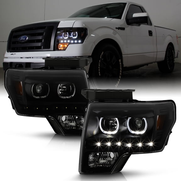 Black Smoke 2009-2014 Ford F150 SMD LED Halo Projector Headlights 09-14 Pair Set