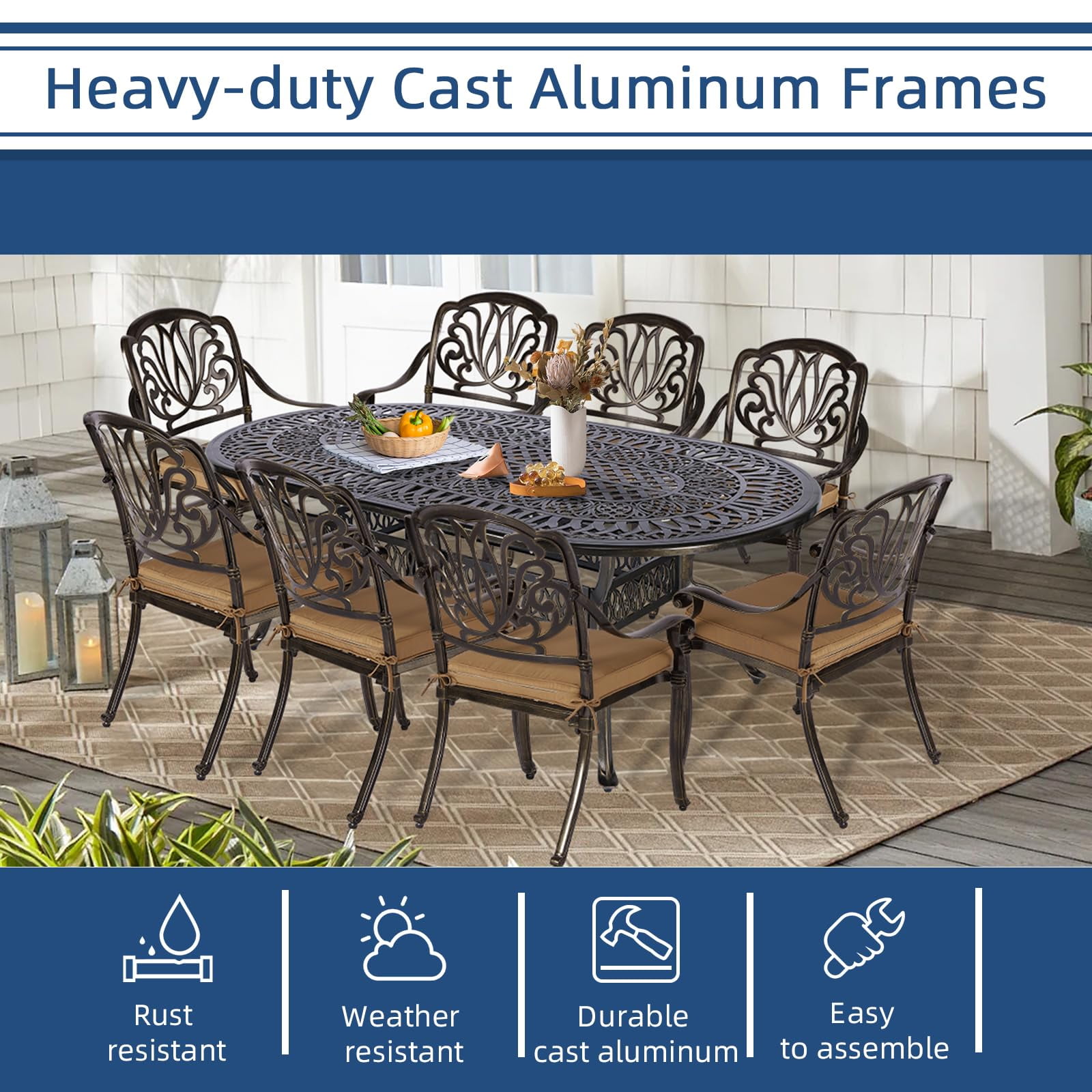 9-Piece Patio Cast Aluminum Dining Set, Outdoor Dining Furniture Set for 8 Person, includes 84" Oval Table and 8 Cushioned Chairs with Umbrella Hole for Patio Deck Garden, Tan