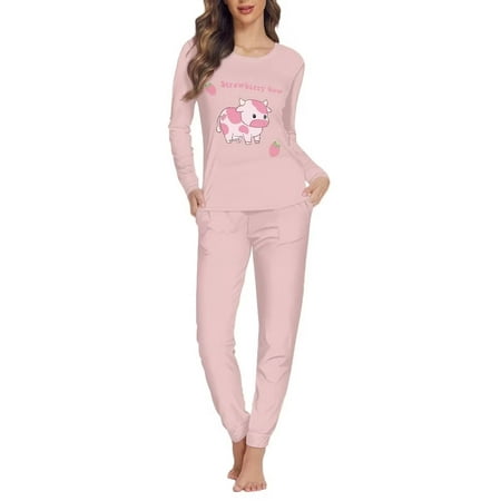 

NETILGEN Strawberry Cow Pajama Sets for Women Soft Loungewear Keep Warm Nightwear for Women Plus Size 2 Side Pockets Women Sleepwear Pajama Set & Two-Piece