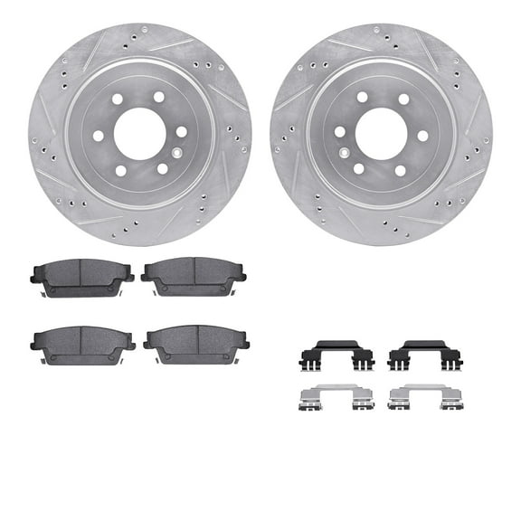 Dynamic Friction Company Rear Brake Rotors-Drilled and Slotted-Silver with 5000 Advanced Brake Pads includes Hardware 7512-46058