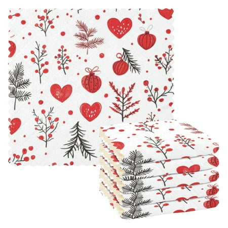 

6 Pieces of Kitchen Towels 11x11Inch Kitchen Dish Cloths Kitchen Dish Towels Reuseable Cleaning Cloths Christmas Red Heart Picture