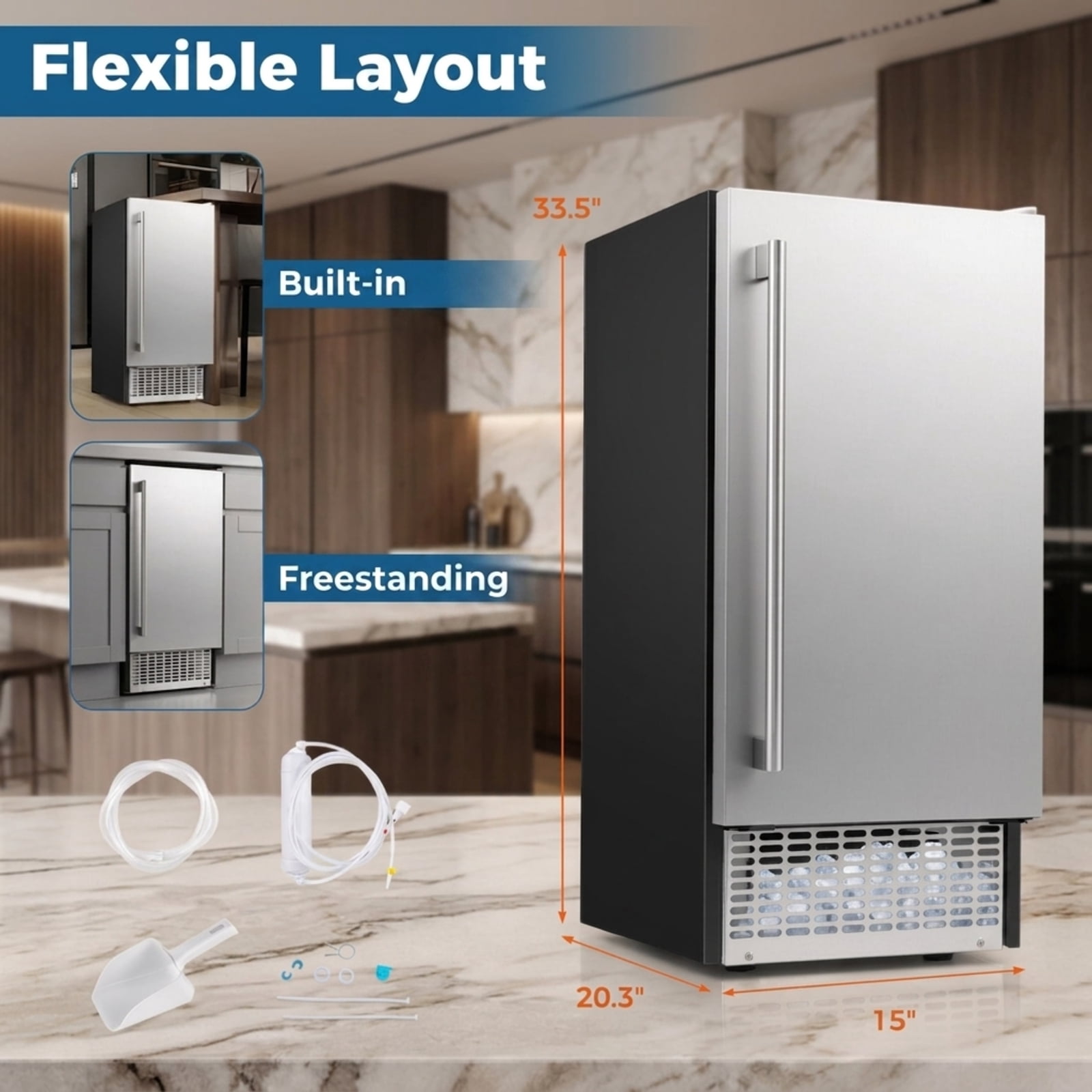 RUIE Under Counter Ice Maker Machine 90 lbs/Day, Built-In Freestanding Commercial Ice Machine with 25 lbs Storage, Stainless Steel for Home Kitchen Bar
