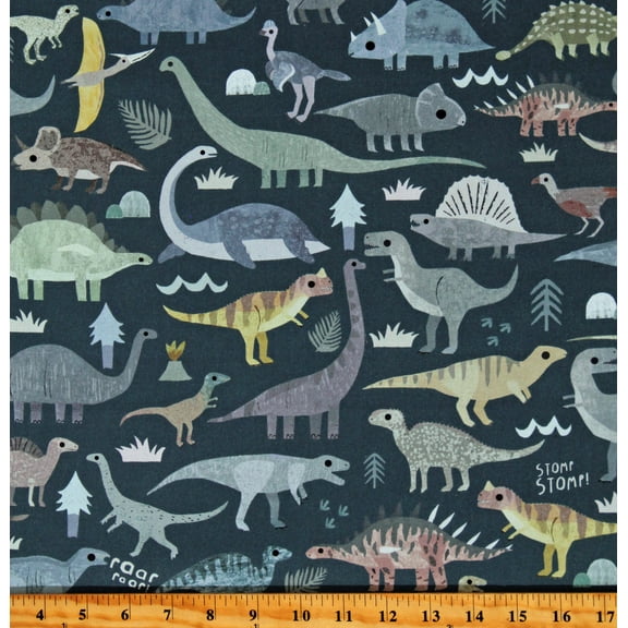 Cotton Dinosaurs Dinos Animals Roar D is for Dinosaur Kids Cotton Fabric Print by the Yard (STELLA-DLT2339-IRON)