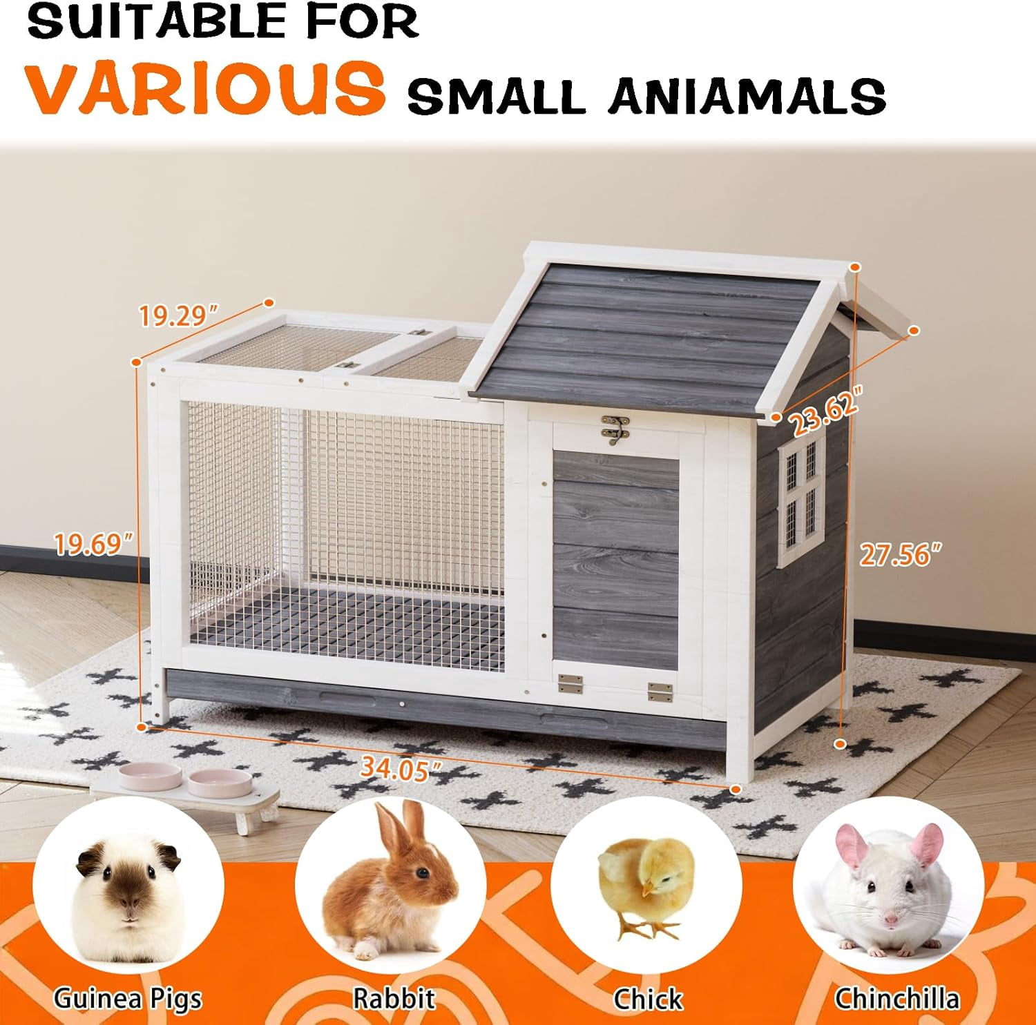 Gaderth Wooden Rabbit Hutch, Indoor/Outdoor Wooden Rabbit Cage with Removable Wire Netting, Weatherproof Bunny Cage with Anti-Chew Metal Frame Ramp for Small Animals