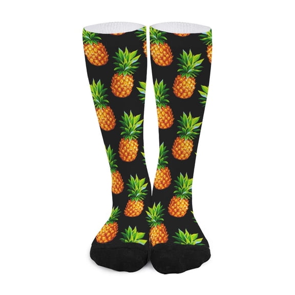 DIQADILA Black Pineapple Pattern Print Long Socks