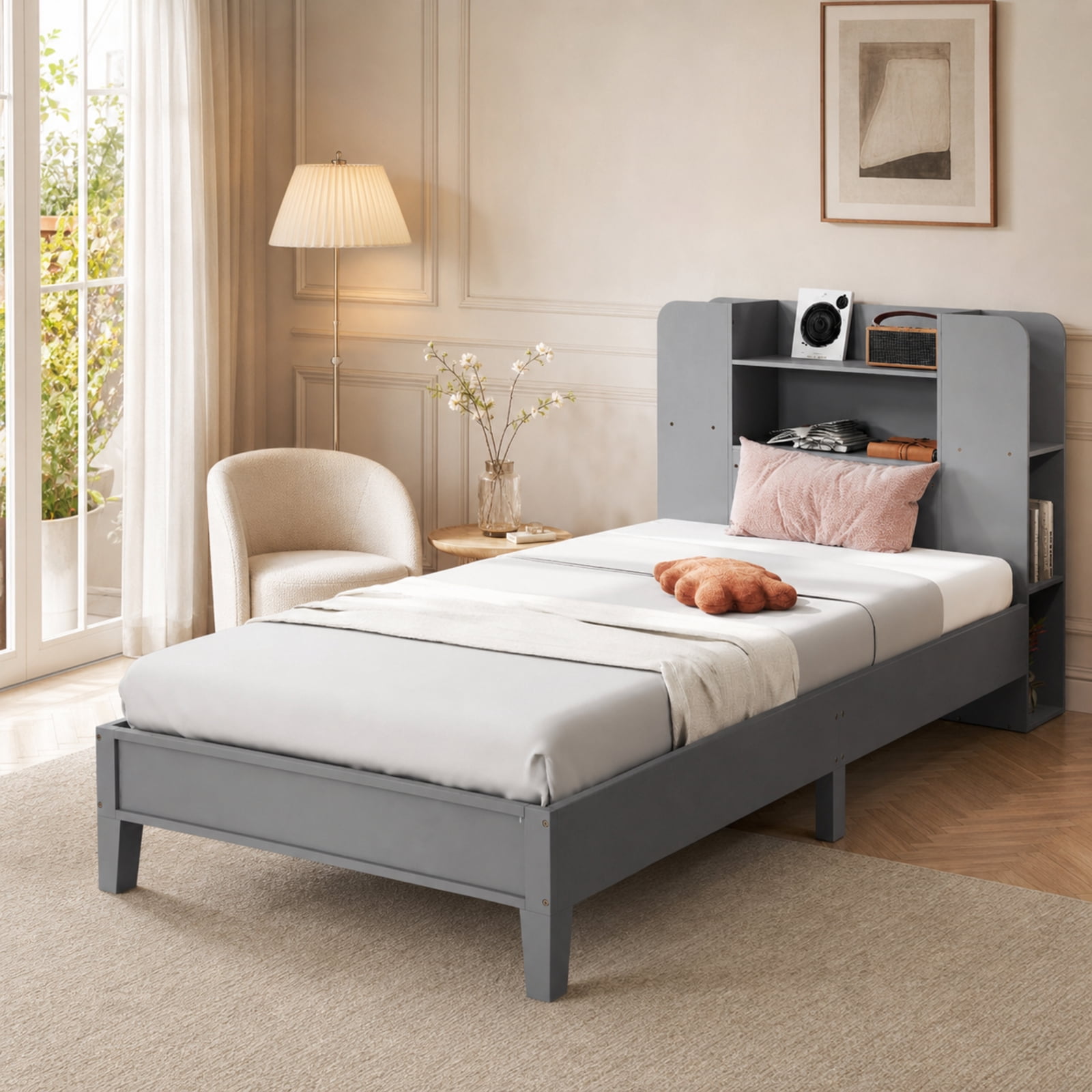 Furnibear Twin Platform Bed Frame with Built in Bookcase Headboard 2 Tier Shelf 6 Open Compartments Solid Wood Slats and No Box Spring Needed, Gray