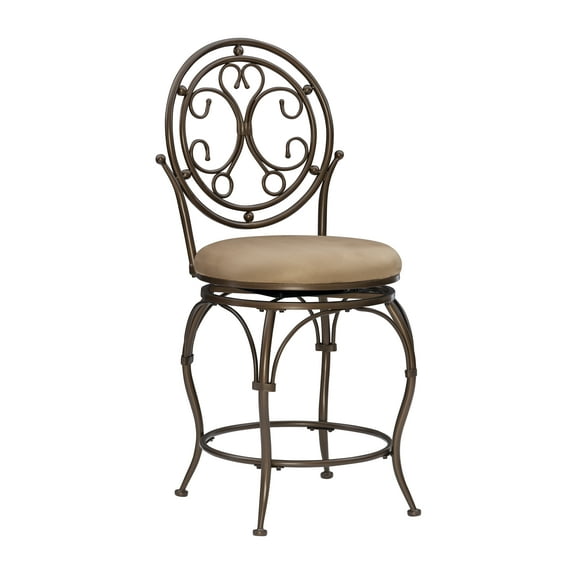 Linon Baila Big & Tall 24" High Back Indoor Round Metal Counter Stool with Swivel, Bronze/Beige Microfiber