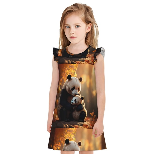 Balery Maple Forest Panda Camisón de princesa para niñas, pijama de algodón con mangas abullonadas, suave y bonito.-Small