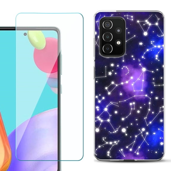 Slim-Fit Flexible Gel TPU Phone Case compatible with Samsung Galaxy A52 5G, with Tempered Glass Screen Protector, by OneToughShield ® - Constellations