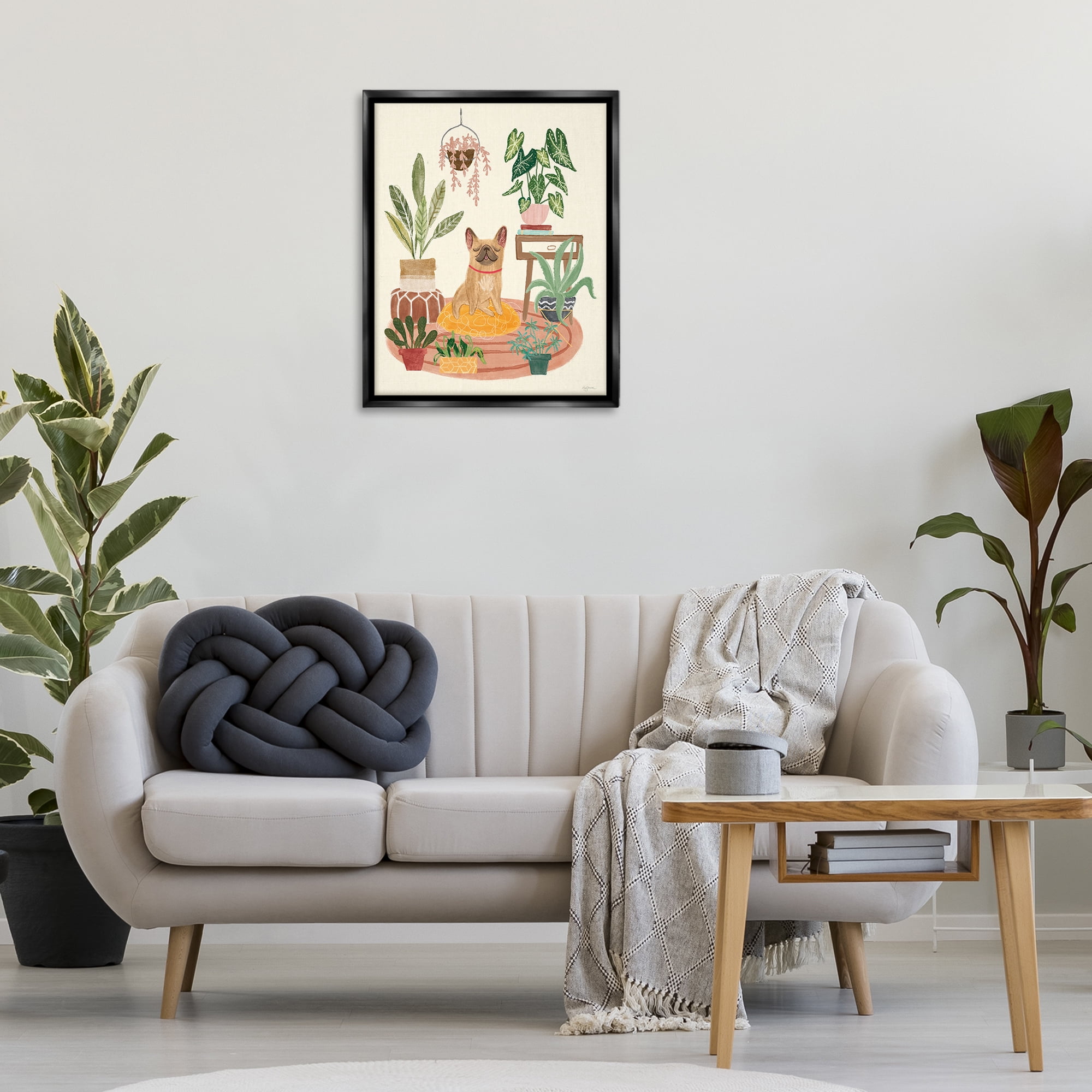 Stupell Industries Pug Dog with Plants Animals & Insects Painting Black Floater Framed Canvas Art Print Wall Art, 25 x 31