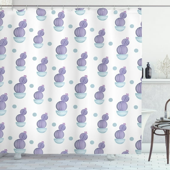 Succulent Shower Curtain, Pastel Cactus Plants with Flowering Bloom Design Repetitive Art, Fabric Bathroom Set with Hooks, 69W X 70L Inches, Blue Grey Violet and White, by Ambesonne