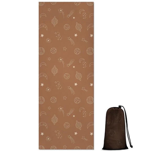 Brown Planet Moon Star Pattern Hot Yoga Mat Towel Non Slip for Hot Yoga - Quick-Drying Yoga Mat Cover with 4 Corner Pockets with Travel Bag - Hot Yoga Towel Non Slip 70"x26"