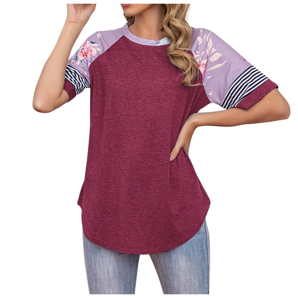 Gibobby Playera Corte clásico para Mujer camiseta sexy manga manga corta cuello corto estampado redondo mujer blusa mujer(Rojo,M)