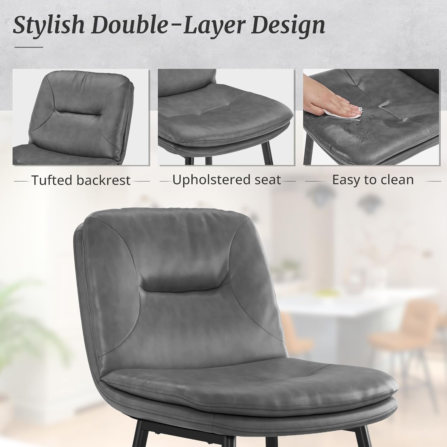 Dycanpo 24”H Bar Stools Set of 3, Double-Layer Upholstered, for Home Kitchen, Gray