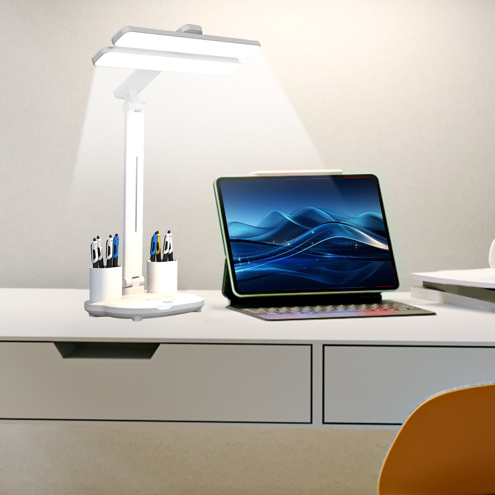 LED Desk Lamp with Pencil Sharpener | Foldable Eye-Care Reading Light | Adjustable Angle | Pen Holder Organizer | Type-C Rechargeable 2000mAh Battery | White | 13.39"x11.02"x6.89"